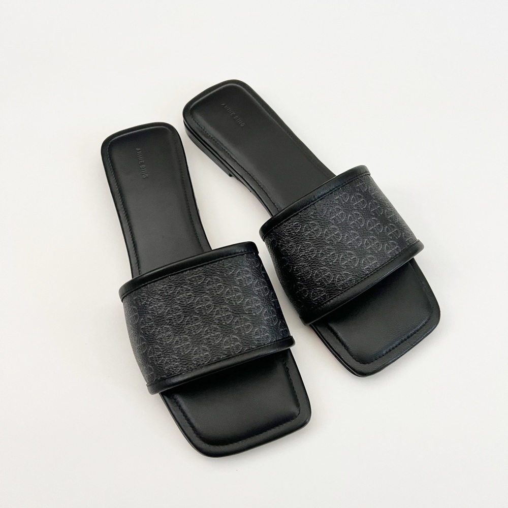 Anine Bing Black Logo Monogram Print Ria Slides 40
